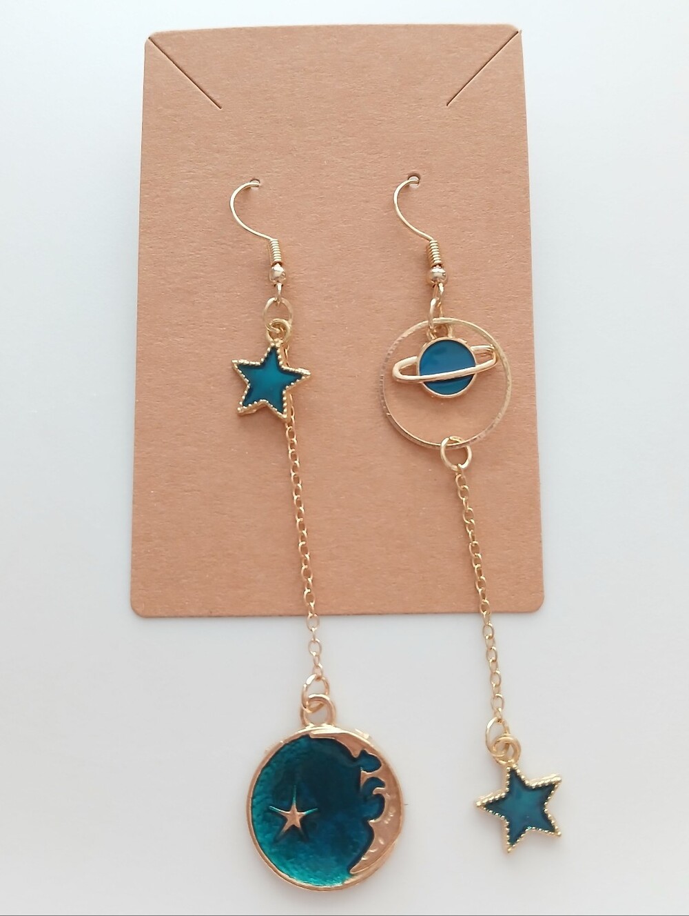 Fashion Jewelry Gold-Tone Teal Star and Planet Asymmetrical Drop Earrings